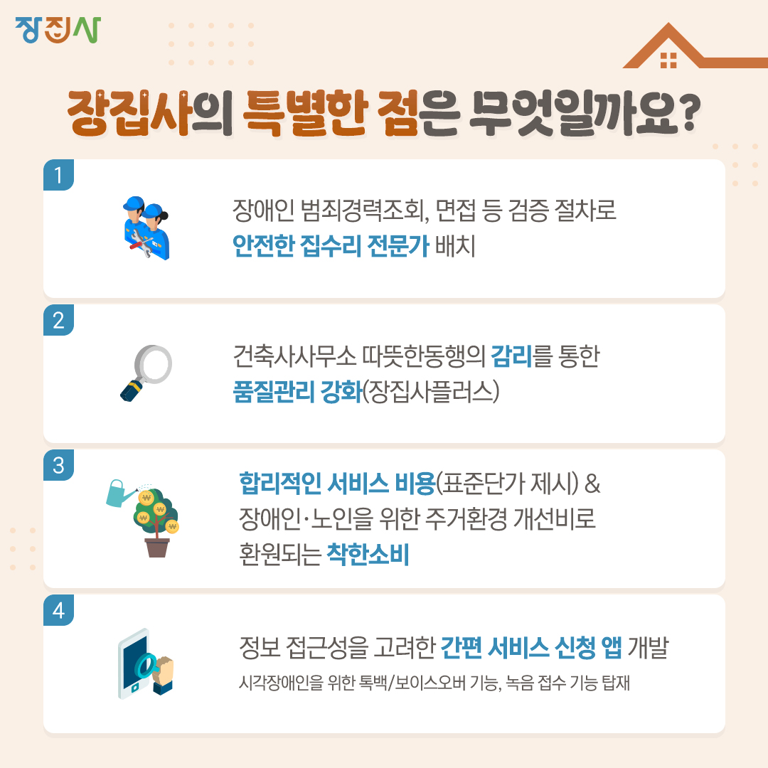장집사 장집사의 특별한 점은 무엇일까요? 1 장애인 범죄경력조회, 면접 등 검증 절차로 안전한 집수리 전문가 배치 2 건축사사무소 따뜻한동행의 감리를 통한 품질관리 강화(장집사플러스) 3 합리적인 서비스 비용(표준단가 제시) &amp; 장애인·노인을 위한 주거환경 개선비로 환원되는 착한소비 4 정보 접근성을 고려한 간편 서비스 신청 앱 개발 시각장애인을 위한 톡백/보이스오버 기능, 녹음 접수 기능 탑재