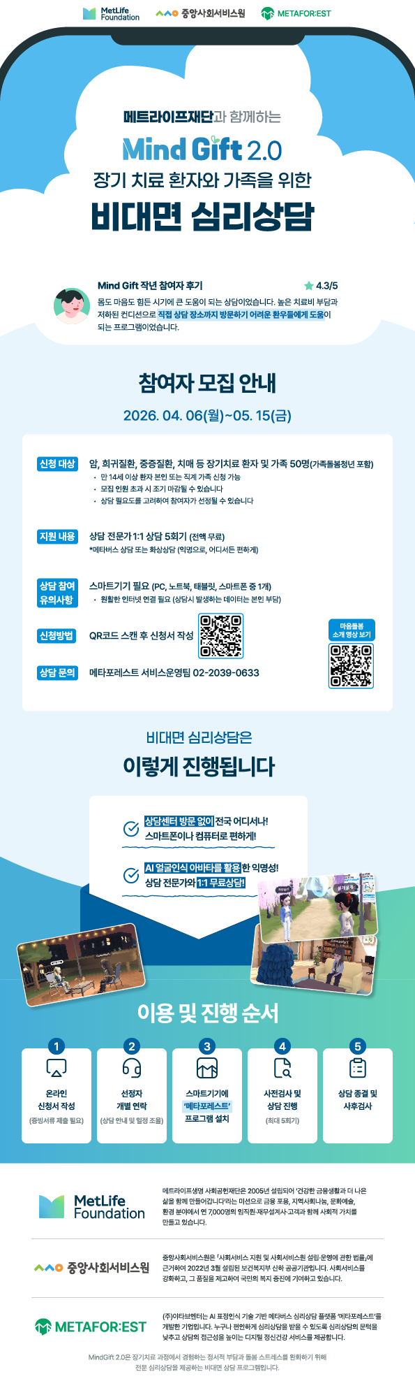 메트라이프재단과 함께하는 Mind Gift 2.0 장기 치료 환자와 가족을 위한 비대면 심리상담 Mind Gift 작년 참여자 후기 ★4.3/5 몸도 마음도 힘든 시기에 큰 도움이 되는 상담이었습니다. 높은 치료비 부담과 저하된 컨디션으로 직접 상담 장소까지 방문하기 어려운 환우들에게 도움이 되는 프로그램이었습니다. 참여자 모집 안내 2026.04.06(월)~05.15(금) 신청 대상 암, 희귀질환, 중증질환, 치매 등 장기치료 환자 및 가족 50명(가족돌봄청년 포함) 만 14세 이상 환자 본인 또는 직계 가족 신청 가능 모집 인원 초과 시 조기 마감될 수 있습니다 상담 필요도를 고려하여 참여자가 선정될 수 있습니다 지원 내용 상담 전문가 1:1 상담 5회기 (전액 무료) *메타버스 상담 또는 화상상담 (익명으로, 어디서든 편하게) 상담 참여 유의사항 스마트기기 필요 (PC, 노트북, 태블릿, 스마트폰 중 1개) 원활한 인터넷 연결 필요 (상담시 발생하는 데이터는 본인 부담) 신청방법 QR코드 스캔 후 신청서 작성 QR: https://m.site.naver.com/24e6o 상담 문의 메타포레스트 서비스운영팀 02-2039-0633 마음들봄 소개 영상 보기 QR: https://m.site.naver.com/23aJn  비대면 심리상담은 이렇게 진행됩니다 상담센터 방문 없이 전국 어디서나! 스마트폰이나 컴퓨터로 편하게! AI 얼굴인식 아바타를 활용한 익명성! 상담 전문가와 1:1 무료상담!  이용 및 진행 순서 1 온라인 신청서 작성 (증빙서류 제출 필요) 2 선정자 개별 연락 (상담 안내 및 일정 조율) 3 스마트기기에 '메타포레스트' 프로그램 설치 4 사전검사 및 상담 진행 (최대 5회기) 5 상담 종결 및 사후검사  MetLife Foundation - 메트라이프생명 사회공헌재단은 2005년 설립되어 '건강한 금융생활과 더 나온 삶을 함께 만들어갑니다'라는 미션으로 금융 포용, 지역사회나눔, 문화예술, 환경 분야에서 면 7,000명의 임직원·재무설계사고객과 함께 사회적 가치를 만들고 있습니다.  중앙사회서비스원 - 중앙사회서비스원은 '사회서비스 지원 및 사회서비스원 설립·운영에 관한 법률」에 근거하여 2022년 3월 설립된 보건복지부 산하 공공기관입니다. 사회서비스를 강화하고, 그 품질을 제고하여 국민의 복지 증진에 기여하고 있습니다. METAFOR:EST - (주)야타브멘터는 AI 표정인식 기술 기반 메타버스 심리상담 플랫폼 '메타포레스트'를 개발한 기업입니다. 누구나 편안하게 심리상담을 받을 수 있도록 심리상담의 문턱을 낮추고 상담의 접근성을 높이는 디지털 정신건강 서비스를 제공합니다. MindGift 2.0은 장기치료 과정에서 경험하는 정서적 부담과 돌봄 스트레스 완화하기 위해 전문 심리상담을 제공하는 비대면 상담 프로그램입니다. 