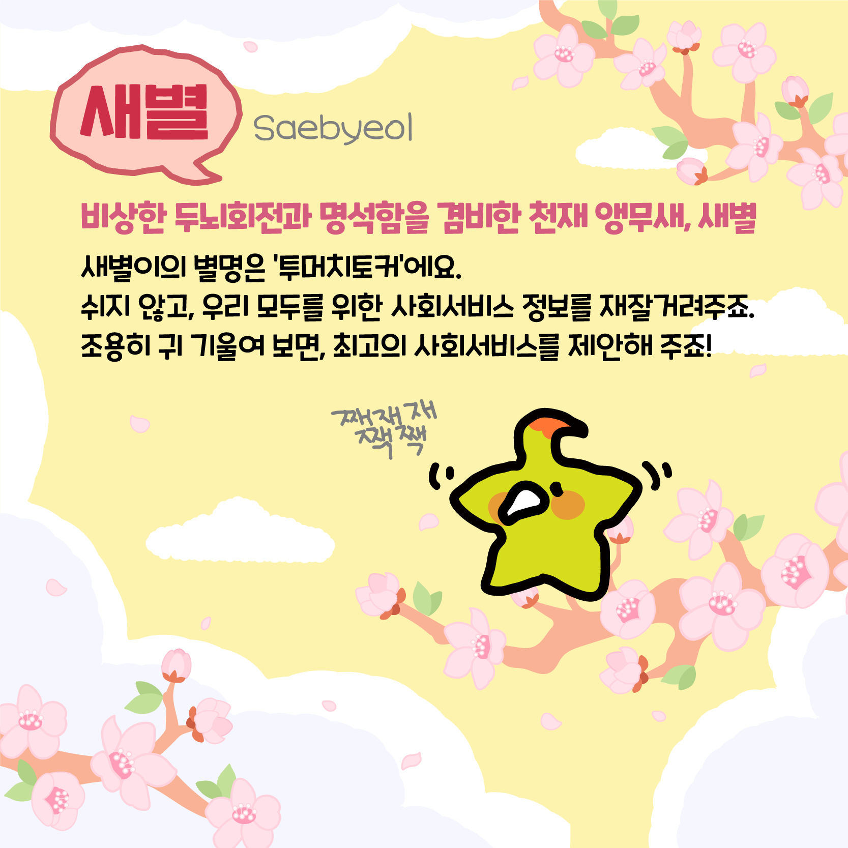 새별(Saebyeol):비상한 두뇌회전과 명석함을 겸비한 천재 앵무새,새별. 새별이의 별명은 '투머치토커'에요. 쉬지 않고, 우리 모두를 위한 사회서비스 정보를 재잘거려주죠. 조용히 귀 기울여 보면, 최고의 사회서비스를 제안해 주죠! 쨰재재쨱짹