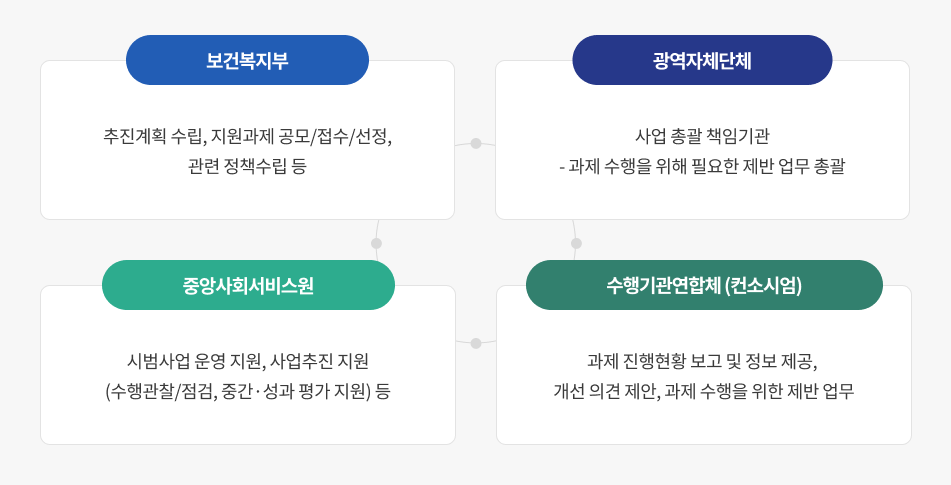 보건복지부 - 추진계획 수립, 지원과제 공모/접수/선정, 관련 정책수립 등 광역자체단체 - 사업 총괄 책임기관 - 과제 수행을 위해 필요한 제반 업무 총괄 중앙사회서비스원 - 시범사업 운영 지원, 사업추진 지원 (수행관찰/점검, 중간&middot;성과 평가 지원) 등 수행기관연합체 (컨소시엄) 과제 진행현황 보고 및 정보 제공,  개선 의견 제안, 과제 수행을 위한 제반 업무